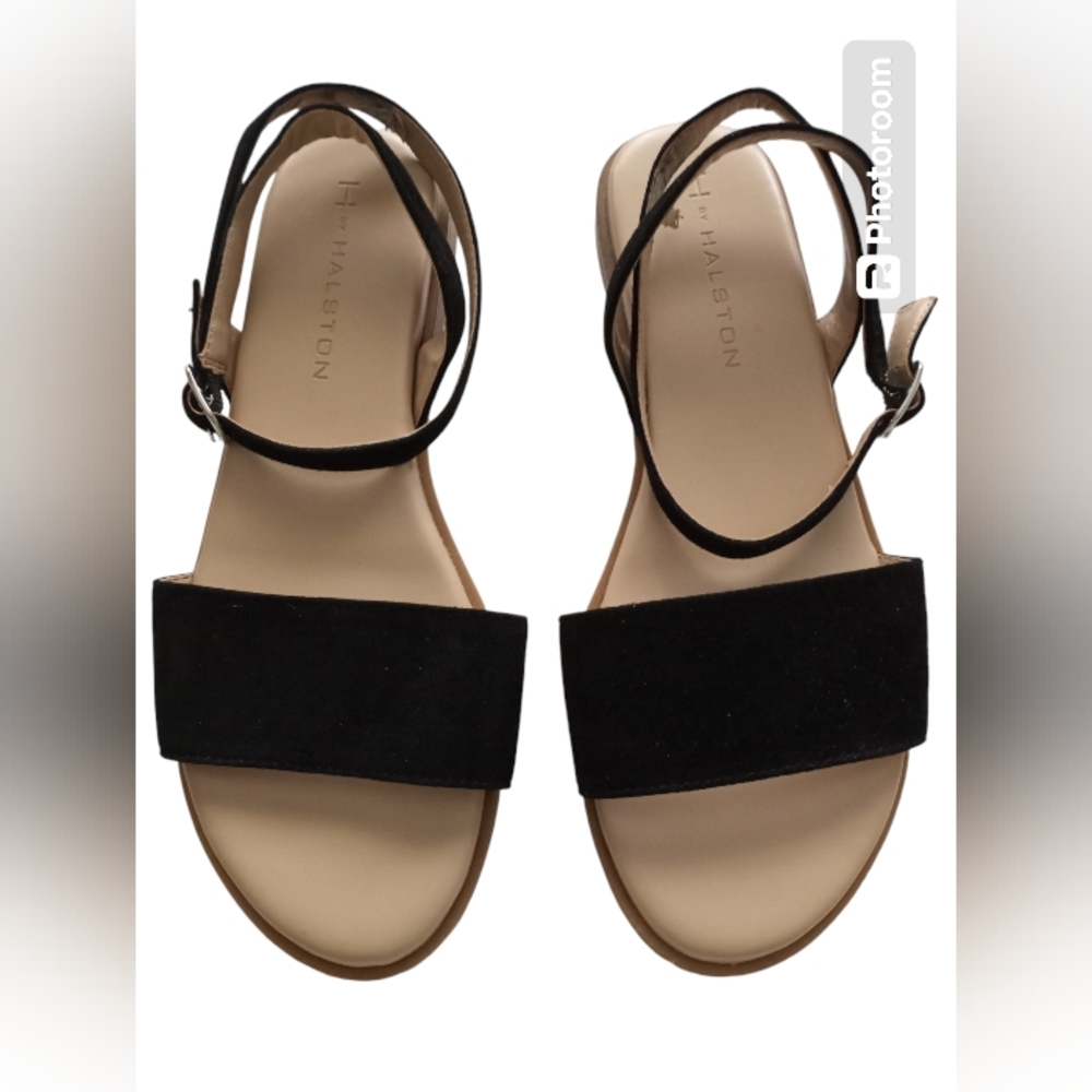 H by Halston Women Suede Sandals Adjustable Ankle Strap Size 6 Black Pre-owned